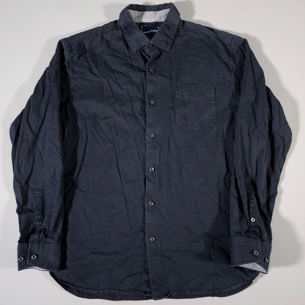 Tommy‎ Bahama Button Down Shirt Mens L Navy Blue Cotton Silk Blend Long Sleeve